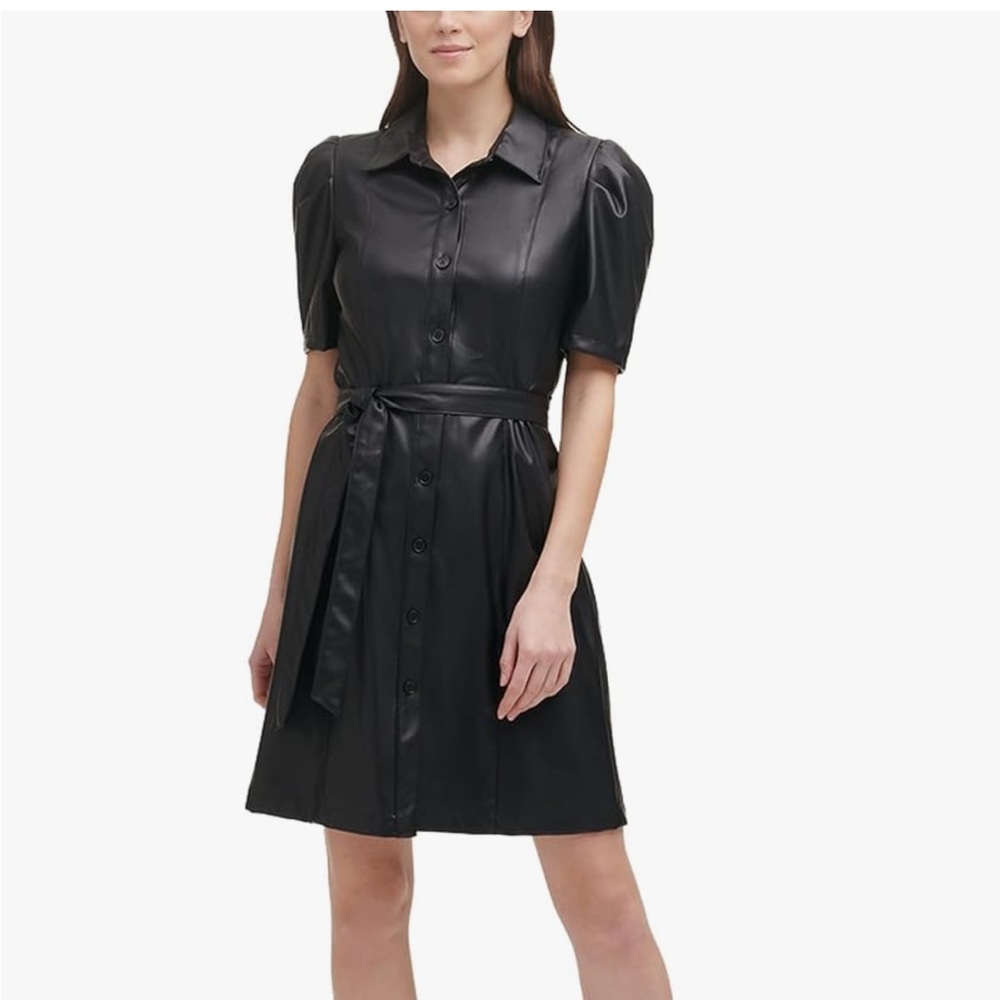 NWT DKNY faux leather puff sleeve dress in cream